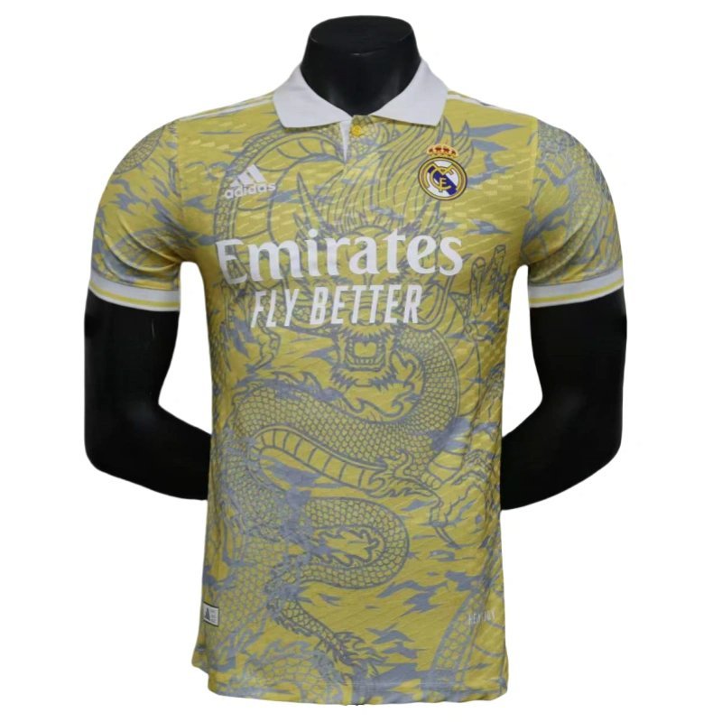 2025-26 Real Madrid Hombre’s Polo Playera Dragon Pattern Yellow Jersey